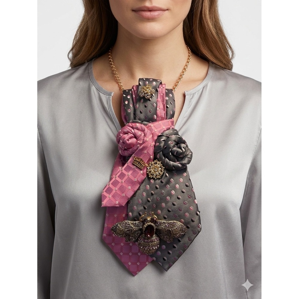 Handmade Countess Mara Silk Tie Statement Necklace Jeweled Bee Pink Grey Rosette